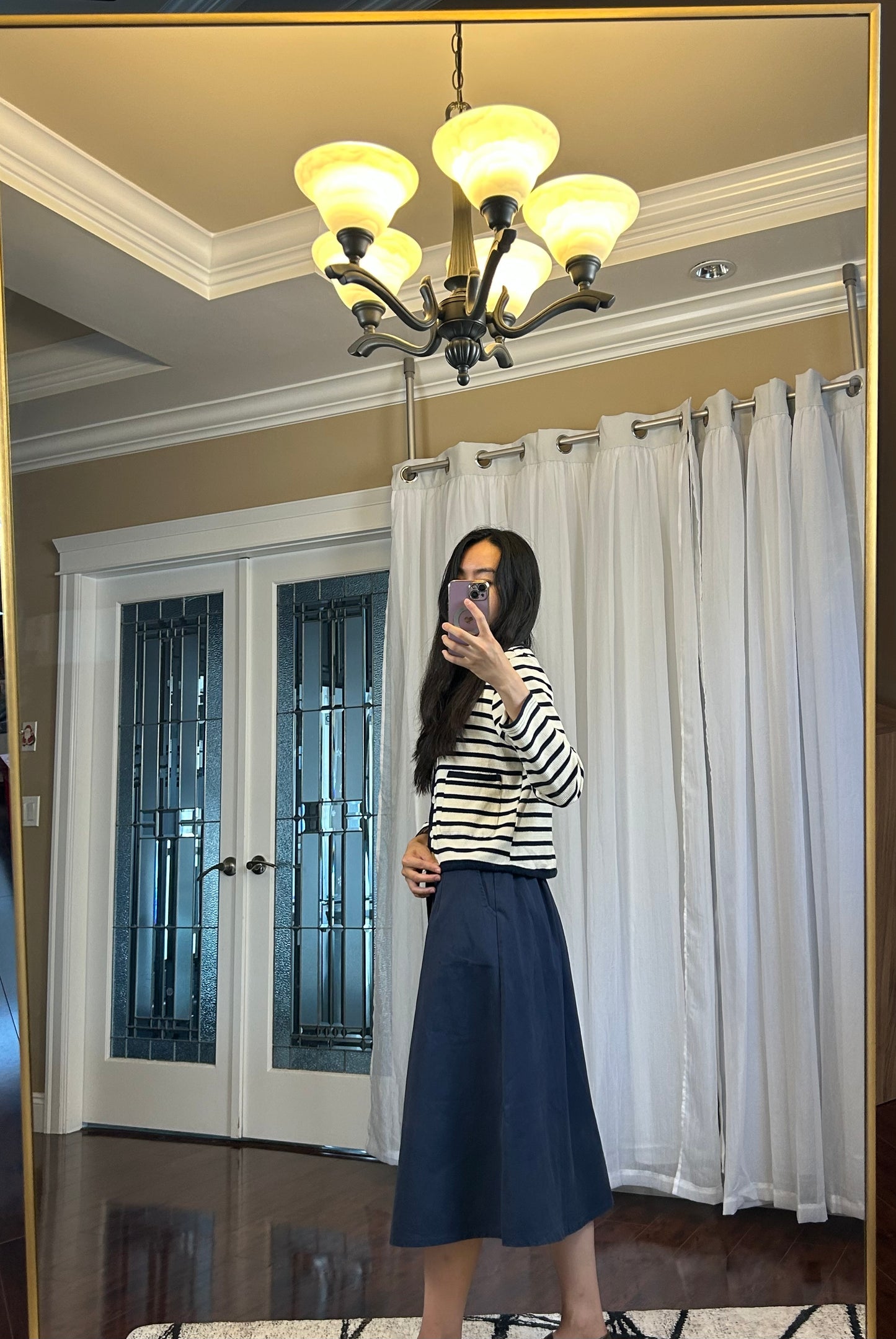Stripe Shirt with Blue Dress Outfit